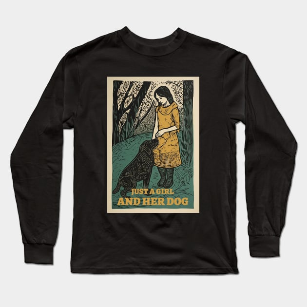 Just a girl and her dog, vintage, retro illustration Long Sleeve T-Shirt by One Eyed Cat Design